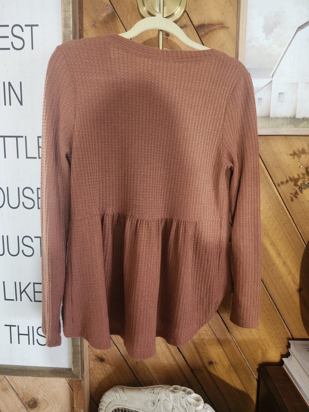 New In Rust Brown Waffle Knit Babydoll Henley Top Long Sleeve Boho V Neck Sz S - Picture 3 of 6